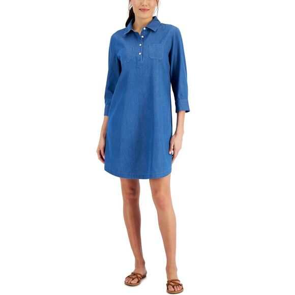 Karen Scott Petite 3/4 Sleeve Chambray Dress - Picture 1 of 3